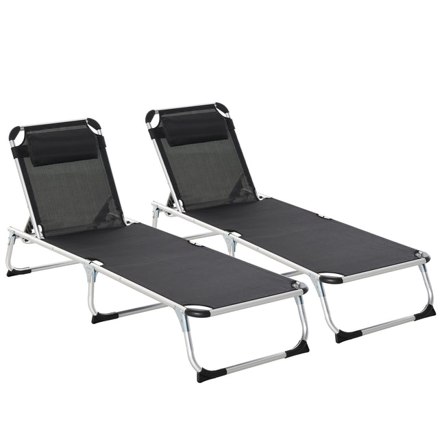 Set of 2 Foldable Sun Loungers with Adjustable Backrest and Pillow - Black