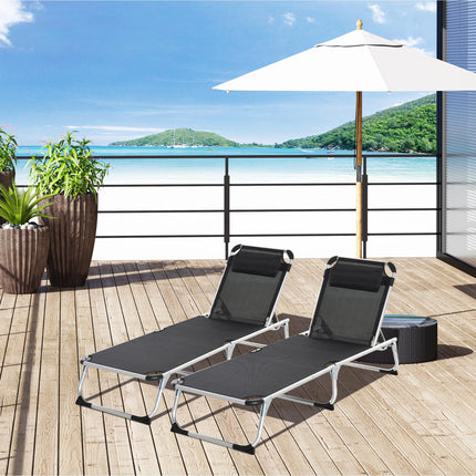 Set of 2 Foldable Sun Loungers with Adjustable Backrest and Pillow - Black