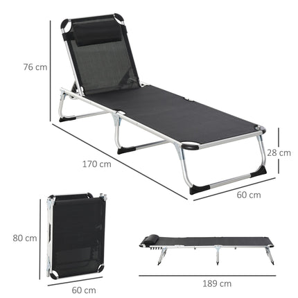 Set of 2 Foldable Sun Loungers with Adjustable Backrest and Pillow - Black