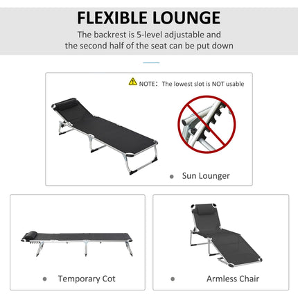 Set of 2 Foldable Sun Loungers with Adjustable Backrest and Pillow - Black