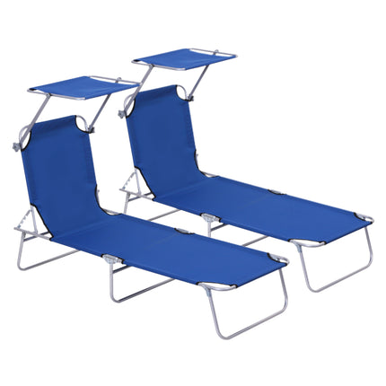 2-Piece Foldable Sun Lounger Set with Adjustable Backrest & Removable Shade Canopy - Blue