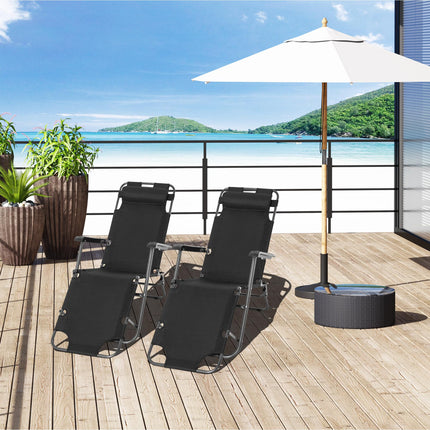 2 Pieces Foldable Adjustable Sun Loungers with Pillow and Armrests - Black