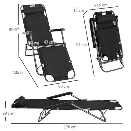 2 Pieces Foldable Adjustable Sun Loungers with Pillow and Armrests - Black