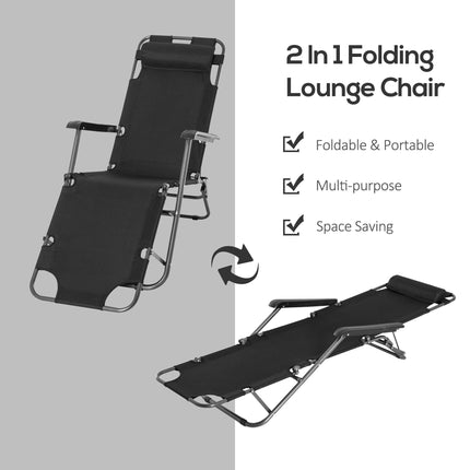 2 Pieces Foldable Adjustable Sun Loungers with Pillow and Armrests - Black