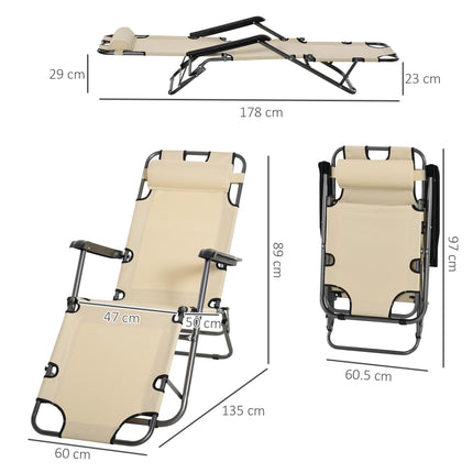 2 Pieces Foldable Adjustable Sun Loungers with Pillow and Armrests - Beige