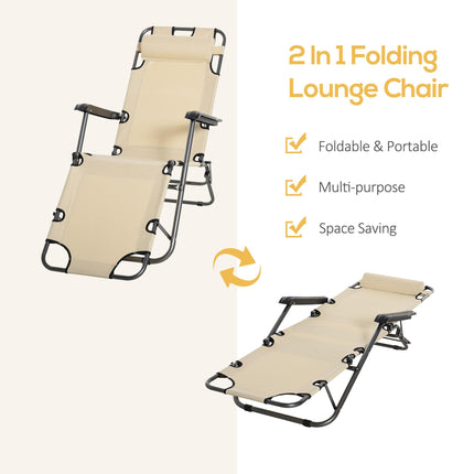 2 Pieces Foldable Adjustable Sun Loungers with Pillow and Armrests - Beige