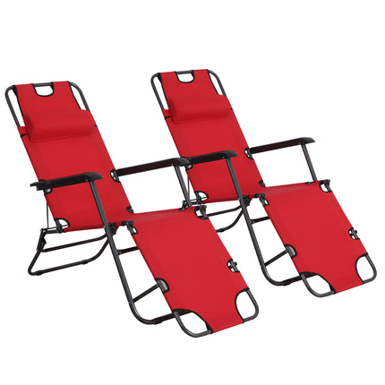 2 Pieces Foldable Outdoor Sun Loungers with Adjustable Back and Pillow - Red