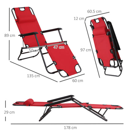2 Pieces Foldable Outdoor Sun Loungers with Adjustable Back and Pillow - Red