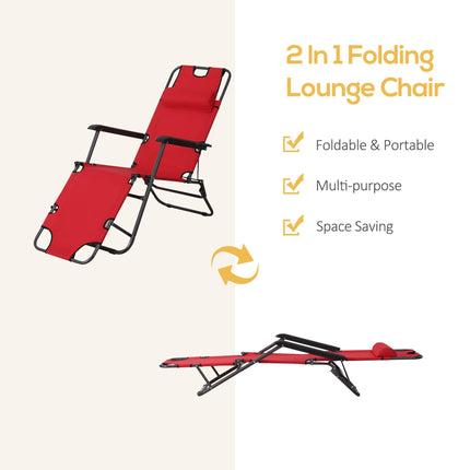 2 Pieces Foldable Outdoor Sun Loungers with Adjustable Back and Pillow - Red