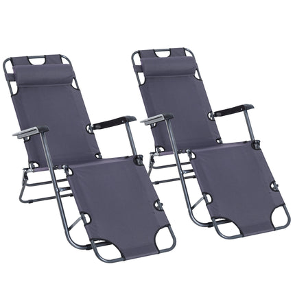 Set of 2 Foldable Steel Frame Adjustable Sun Loungers - Grey