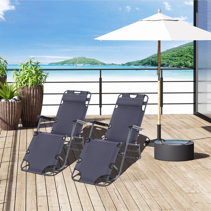 Set of 2 Foldable Steel Frame Adjustable Sun Loungers - Grey