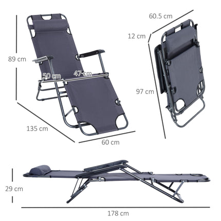 Set of 2 Foldable Steel Frame Adjustable Sun Loungers - Grey