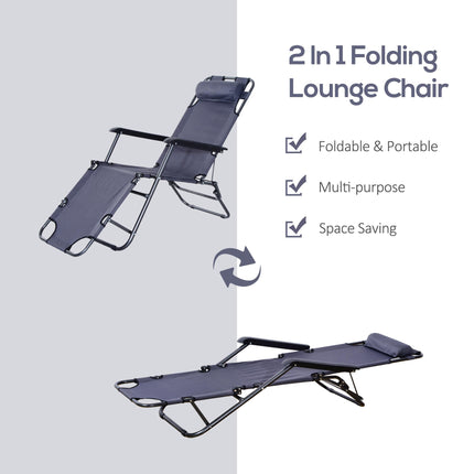 Set of 2 Foldable Steel Frame Adjustable Sun Loungers - Grey