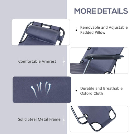 Set of 2 Foldable Steel Frame Adjustable Sun Loungers - Grey