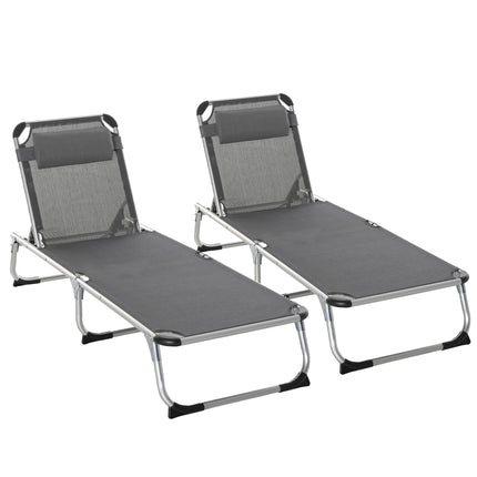 2 Pieces Foldable Aluminium Sun Lounger with Pillow, 5-Level Adjustable Recliner Camping Bed Cot - Grey