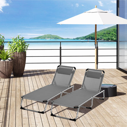 2 Pieces Foldable Aluminium Sun Lounger with Pillow, 5-Level Adjustable Recliner Camping Bed Cot - Grey