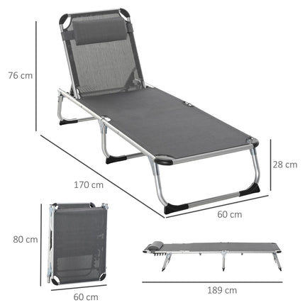 2 Pieces Foldable Aluminium Sun Lounger with Pillow, 5-Level Adjustable Recliner Camping Bed Cot - Grey