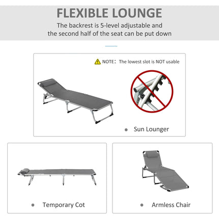 2 Pieces Foldable Aluminium Sun Lounger with Pillow, 5-Level Adjustable Recliner Camping Bed Cot - Grey