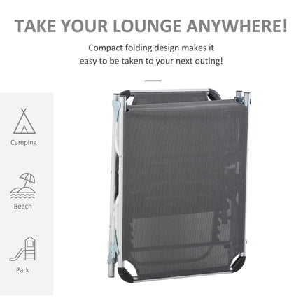 2 Pieces Foldable Aluminium Sun Lounger with Pillow, 5-Level Adjustable Recliner Camping Bed Cot - Grey