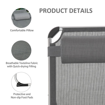 2 Pieces Foldable Aluminium Sun Lounger with Pillow, 5-Level Adjustable Recliner Camping Bed Cot - Grey