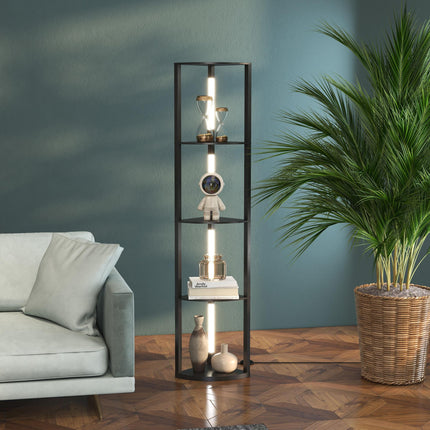 Modern Corner Floor Lamp with Dimmable Warm White LED and Shelves, Tall Standing - Black