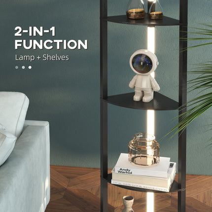 Modern Corner Floor Lamp with Dimmable Warm White LED and Shelves, Tall Standing - Black