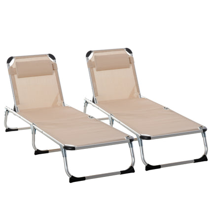 Set of 2 Foldable Adjustable Backrest Sun Loungers - Khaki