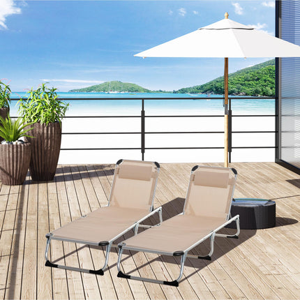 Set of 2 Foldable Adjustable Backrest Sun Loungers - Khaki