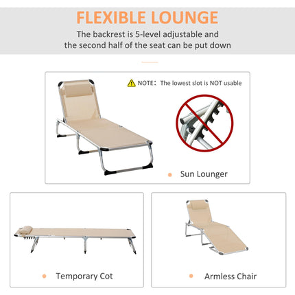 Set of 2 Foldable Adjustable Backrest Sun Loungers - Khaki