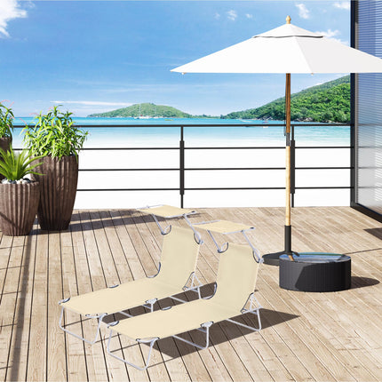 2-Piece Outdoor Foldable Sun Lounger Set with Adjustable Backrest & Removable Shade Canopy - Beige