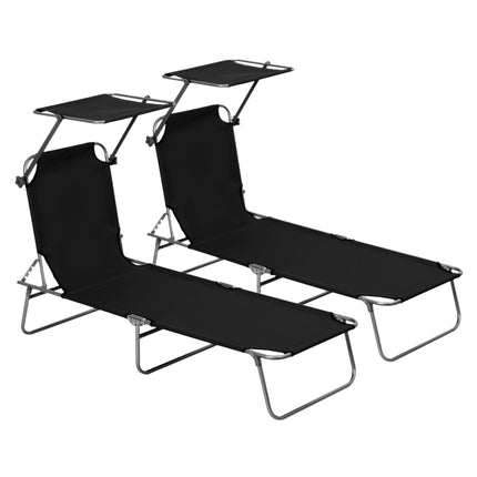2-Piece Outdoor Foldable Sun Lounger Set with Adjustable Backrest & Removable Shade Canopy - Black