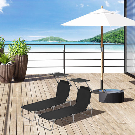 2-Piece Outdoor Foldable Sun Lounger Set with Adjustable Backrest & Removable Shade Canopy - Black