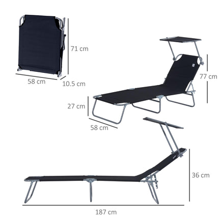 2-Piece Outdoor Foldable Sun Lounger Set with Adjustable Backrest & Removable Shade Canopy - Black