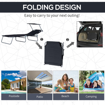 2-Piece Outdoor Foldable Sun Lounger Set with Adjustable Backrest & Removable Shade Canopy - Black