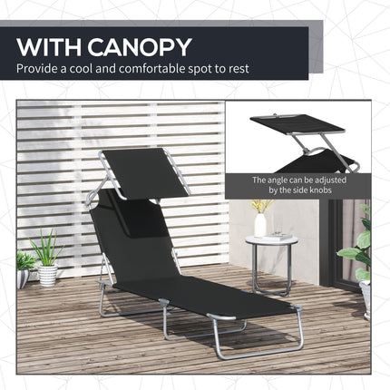 2-Piece Outdoor Foldable Sun Lounger Set with Adjustable Backrest & Removable Shade Canopy - Black