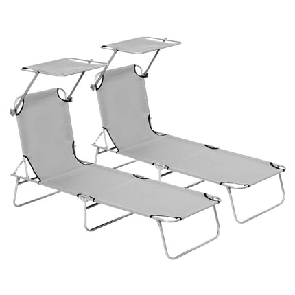 2-Pcs Outdoor Foldable Sun Lounger Set with Adjustable Backrest & Removable Shade Canopy - Light Grey