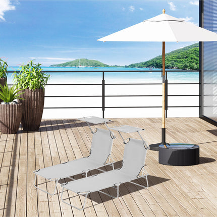 2-Pcs Outdoor Foldable Sun Lounger Set with Adjustable Backrest & Removable Shade Canopy - Light Grey