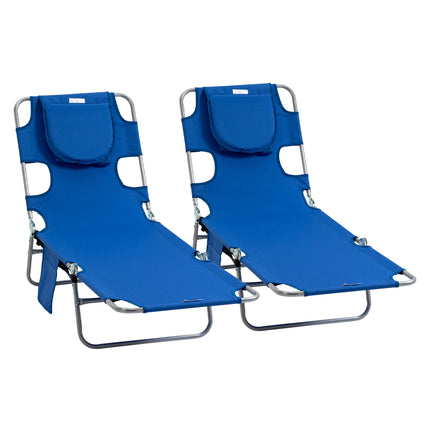 2-Piece Foldable Sun Lounger Set with 5-Level Adjustable Backrest, Reading Hole & Side Pocket - Blue
