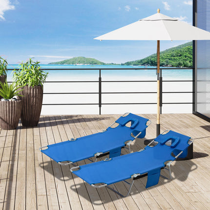 2-Piece Foldable Sun Lounger Set with 5-Level Adjustable Backrest, Reading Hole & Side Pocket - Blue