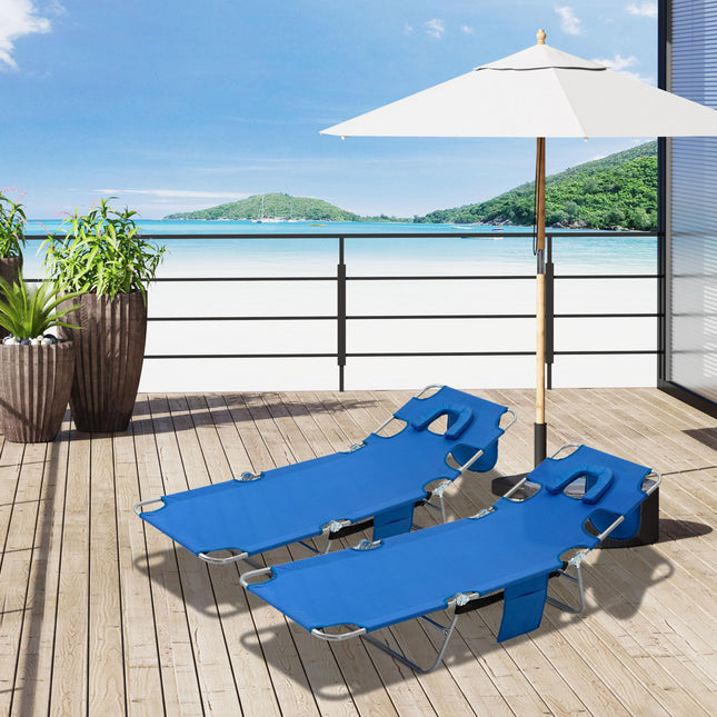2-Piece Foldable Sun Lounger Set with 5-Level Adjustable Backrest, Reading Hole & Side Pocket - Blue