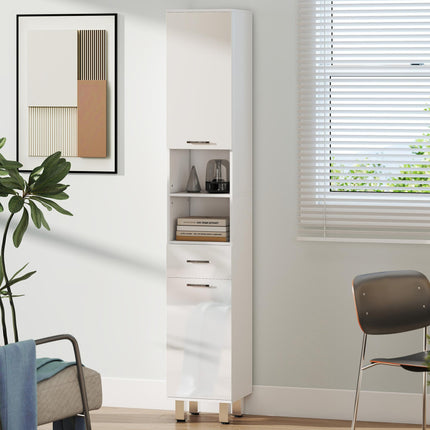 kleankin 71" Tall Slim Bathroom Storage Cabinet, Tall Narrow Cupboard with Drawer, Open Shelves, 2 Doors Cabinets and Adjustable Shelves for Kitchen, Hallway, Living Room, High Gloss White