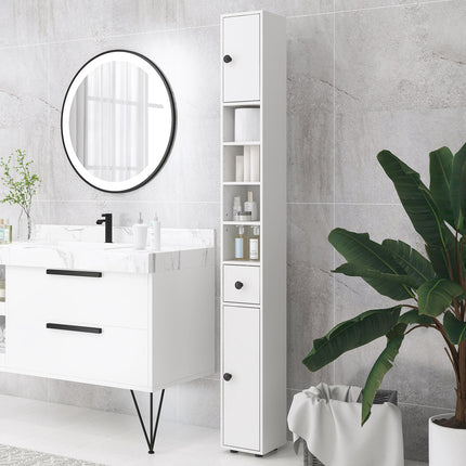 Slim 180cm Tall Bathroom Storage Cabinet with Open Shelves - White