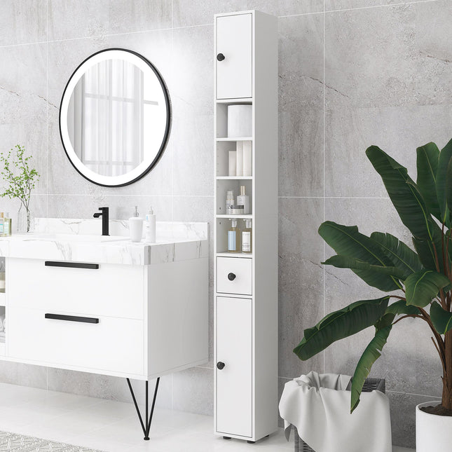 Slim 180cm Tall Bathroom Storage Cabinet with Open Shelves - White
