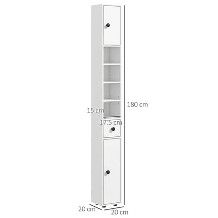Slim 180cm Tall Bathroom Storage Cabinet with Open Shelves - White