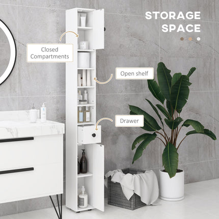 Slim 180cm Tall Bathroom Storage Cabinet with Open Shelves - White