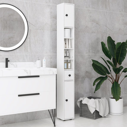 Slim 180cm Tall Bathroom Storage Cabinet with Open Shelves - White
