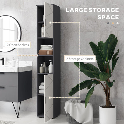 Narrow 183cm Tall Bathroom Storage Cabinet with Adjustable Shelves - Grey