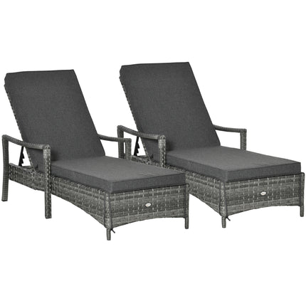 PE Rattan 2-Piece Outdoor Sun Lounger Set with Cushions and 4-Level Recliner Backrest - Grey