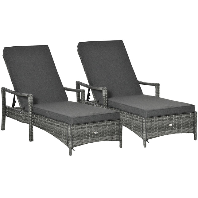 PE Rattan 2-Piece Outdoor Sun Lounger Set with Cushions and 4-Level Recliner Backrest - Grey