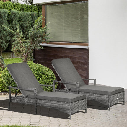 PE Rattan 2-Piece Outdoor Sun Lounger Set with Cushions and 4-Level Recliner Backrest - Grey